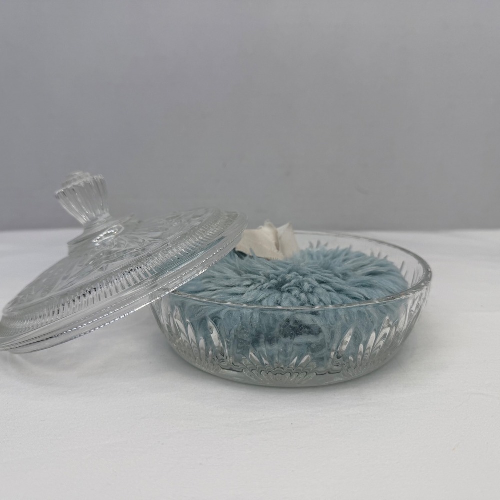 Vintage Avon Sonnet Clear Pressed Glass Lidded Powder Dish with Blue Puff - Picture 3 of 9